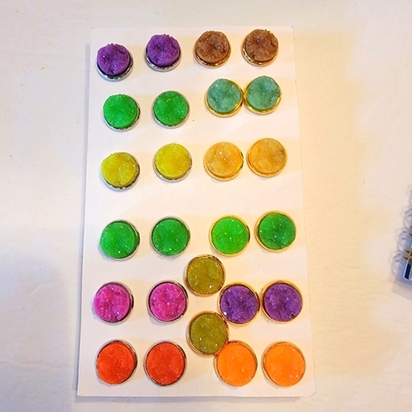 unbranded Jewelry - 13 Pair of Colorful Faux Druzy Stone Stud Pierced Earrings.